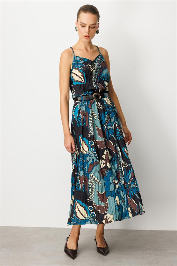 Beli Lastikli Kendinden Desenli Uzun Etek-PETROL