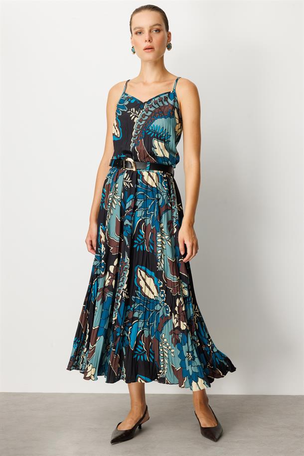 Beli Lastikli Kendinden Desenli Uzun Etek-PETROL