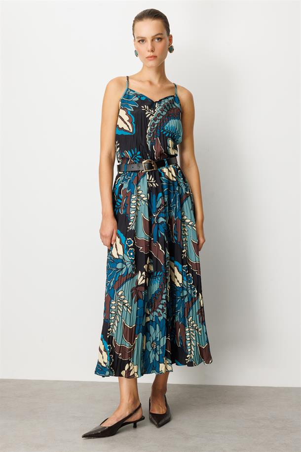 Beli Lastikli Kendinden Desenli Uzun Etek-PETROL