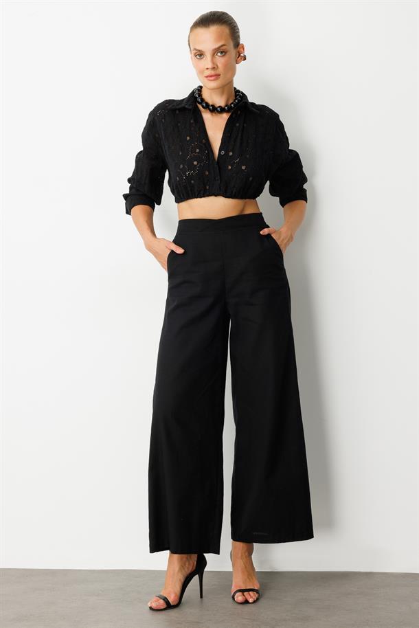 Beli Lastikli Keten Görünümlü Pantolon-SİYAH