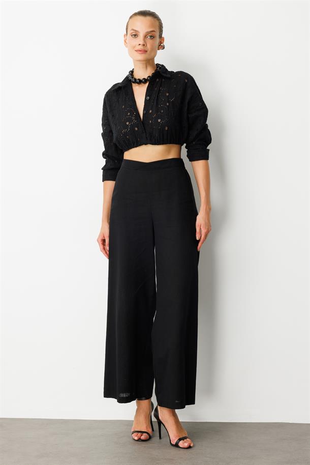 Beli Lastikli Keten Görünümlü Pantolon-SİYAH