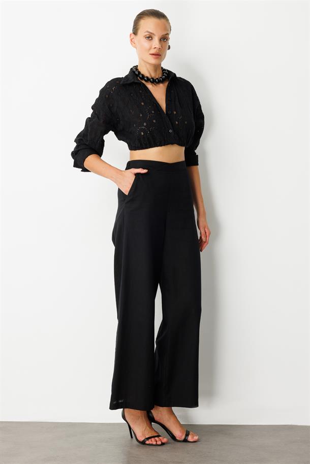 Beli Lastikli Keten Görünümlü Pantolon-SİYAH