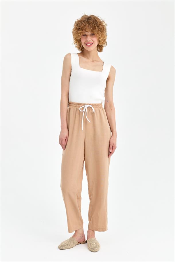 Beli Lastikli  Keten Pantolon-CAMEL