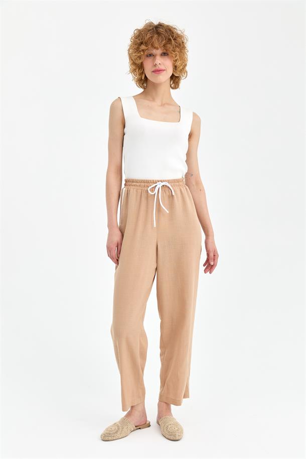Beli Lastikli  Keten Pantolon-CAMEL