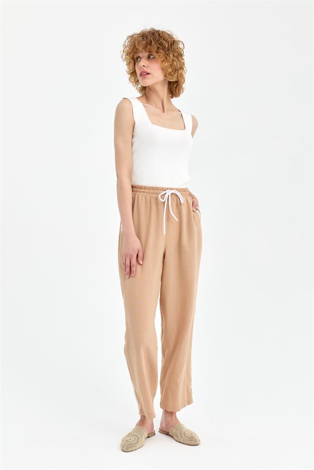 Beli Lastikli  Keten Pantolon-CAMEL