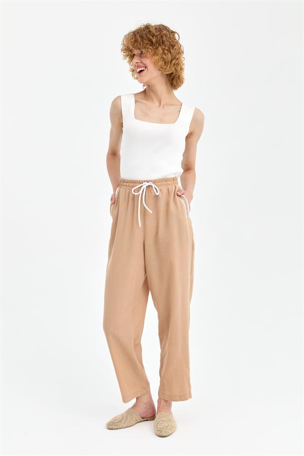 Beli Lastikli  Keten Pantolon-CAMEL
