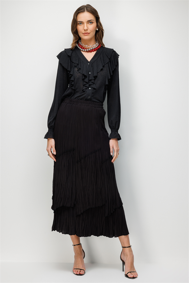 Beli Lastikli Krinkıl Etek-SİYAH