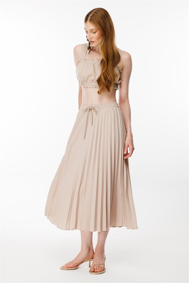 Beli Lastikli Piliseli Etek-BEJ