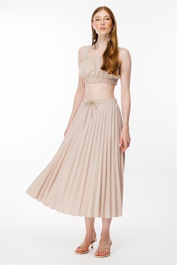 Beli Lastikli Piliseli Etek-BEJ