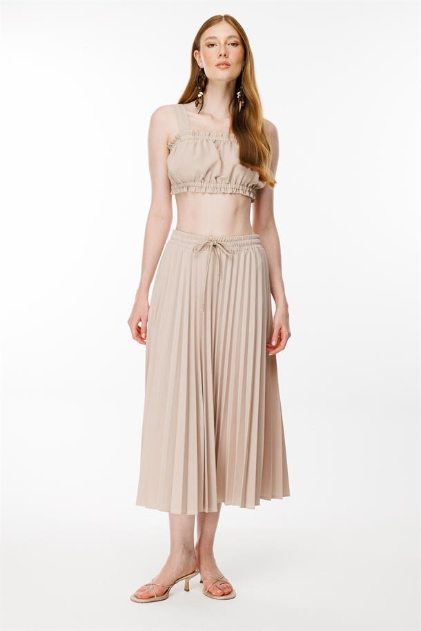 Beli Lastikli Piliseli Etek-BEJ