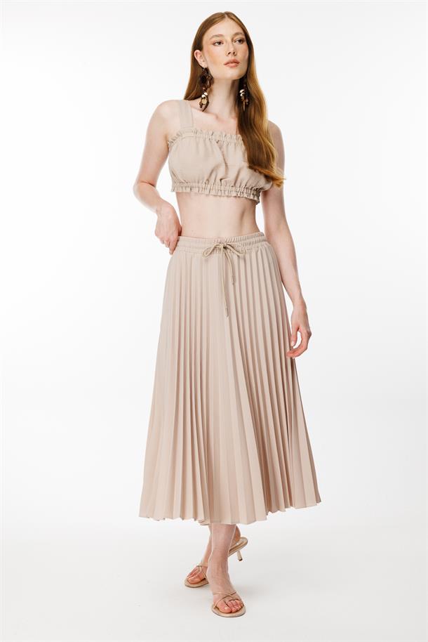 Beli Lastikli Piliseli Etek-BEJ