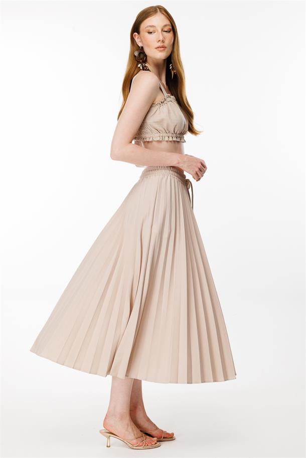 Beli Lastikli Piliseli Etek-BEJ