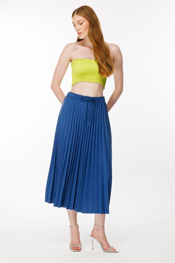 Beli Lastikli Piliseli Etek-İNDİGO