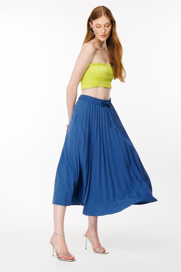 Beli Lastikli Piliseli Etek-İNDİGO