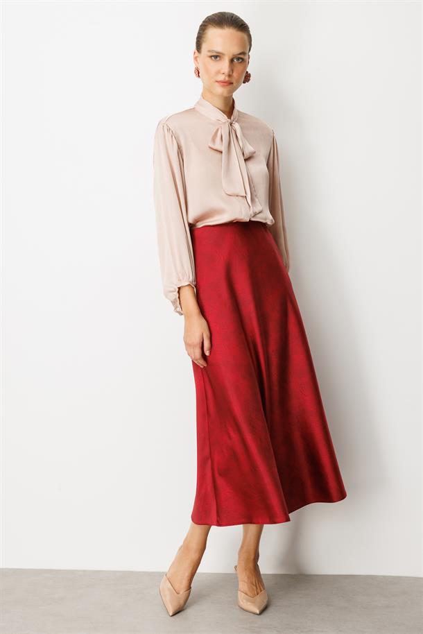 Beli Lastikli Saten Görünüm Etek-BORDO