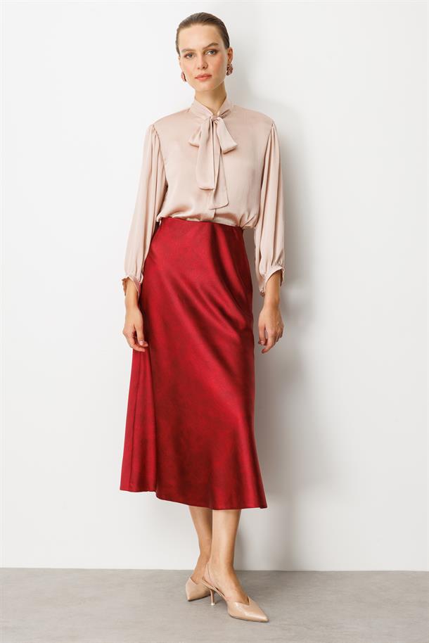 Beli Lastikli Saten Görünüm Etek-BORDO