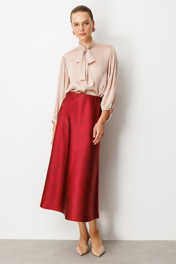 Beli Lastikli Saten Görünüm Etek-BORDO