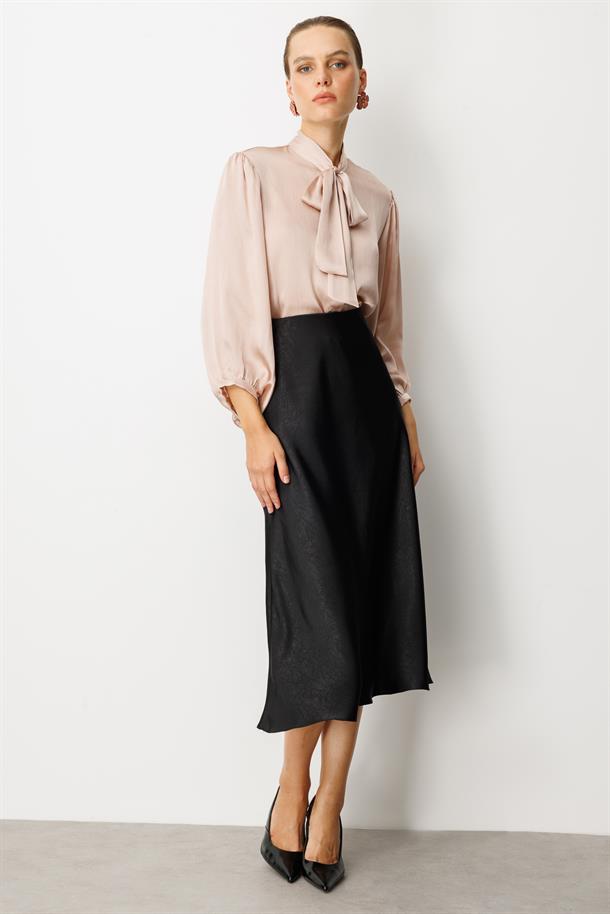 Beli Lastikli Saten Görünüm Etek-SİYAH