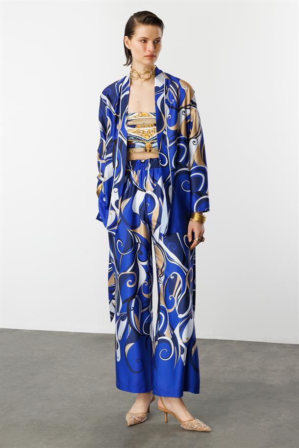 Beli Lastikli Saten Pantolon-SAX