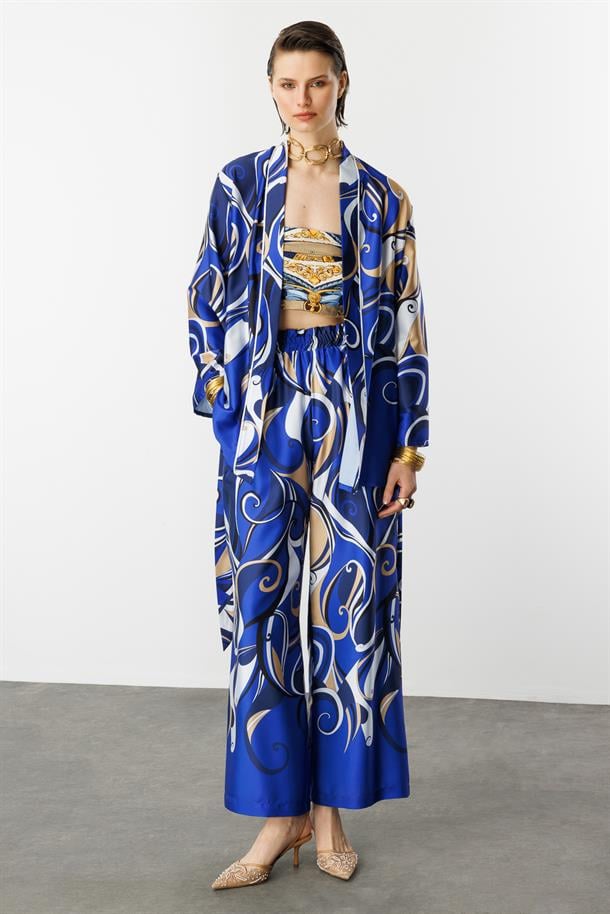 Beli Lastikli Saten Pantolon-SAX