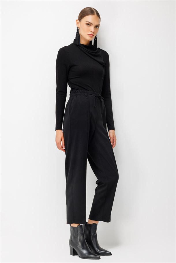 Beli Lastikli Scuba Krep Pantolon-SİYAH