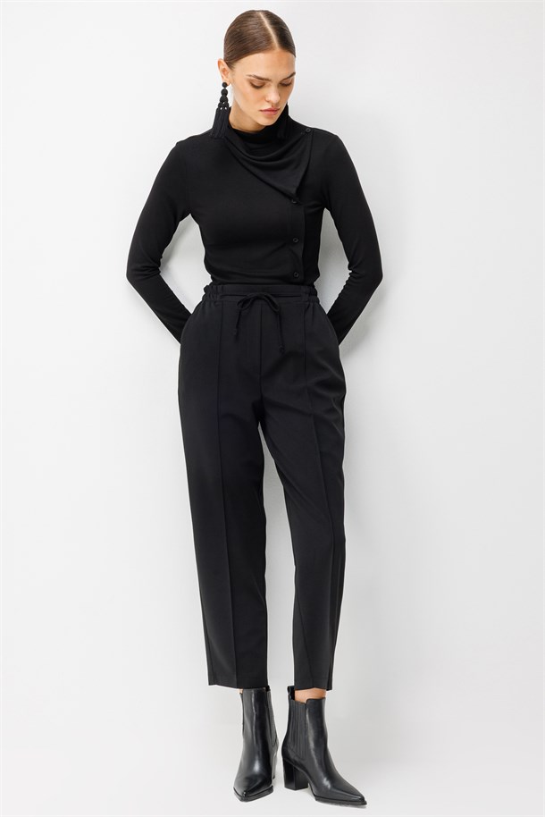 Beli Lastikli Scuba Krep Pantolon-SİYAH
