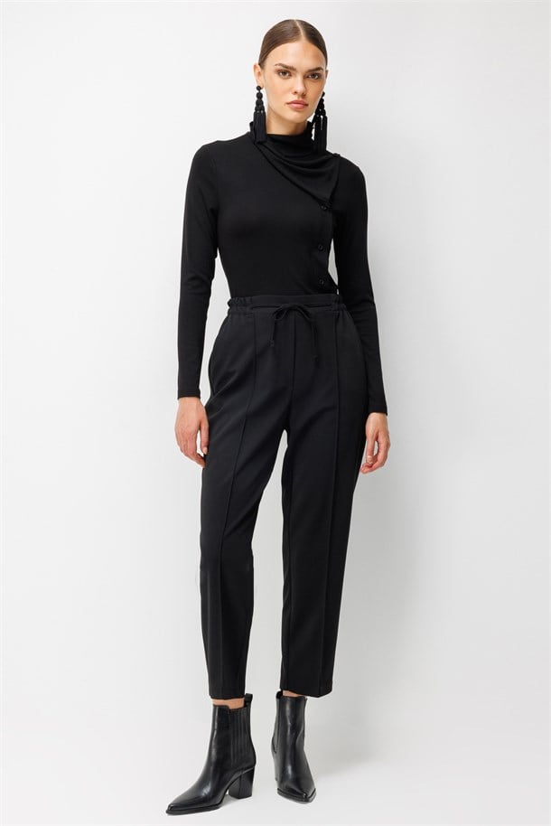 Beli Lastikli Scuba Krep Pantolon-SİYAH