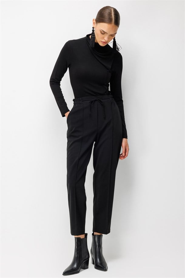 Beli Lastikli Scuba Krep Pantolon-SİYAH