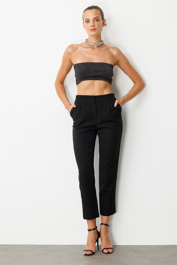 Beli Lastikli Taşlı Pantolon-SİYAH