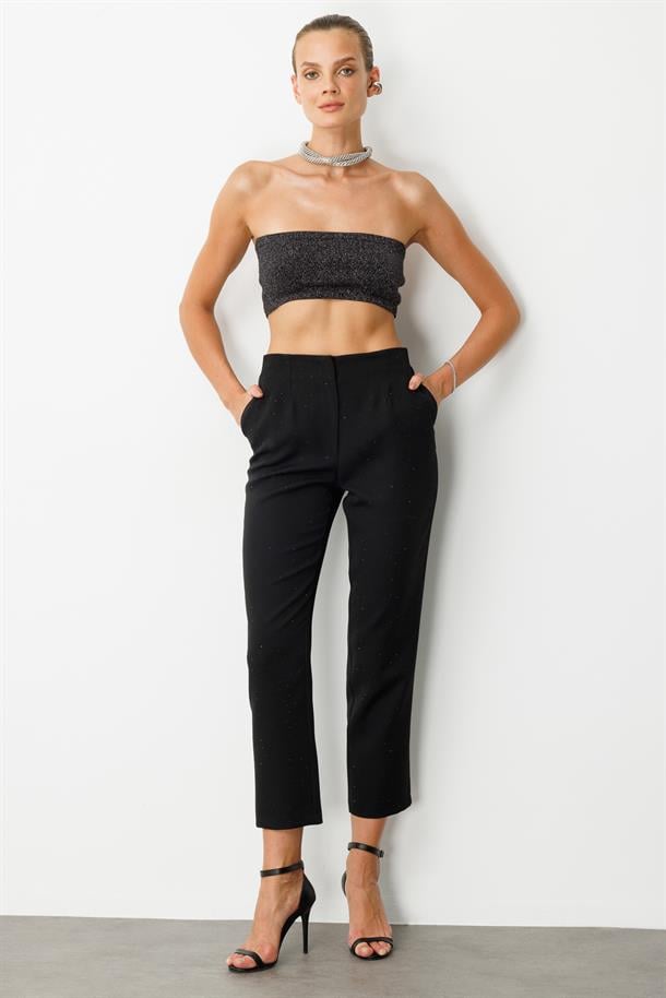 Beli Lastikli Taşlı Pantolon-SİYAH