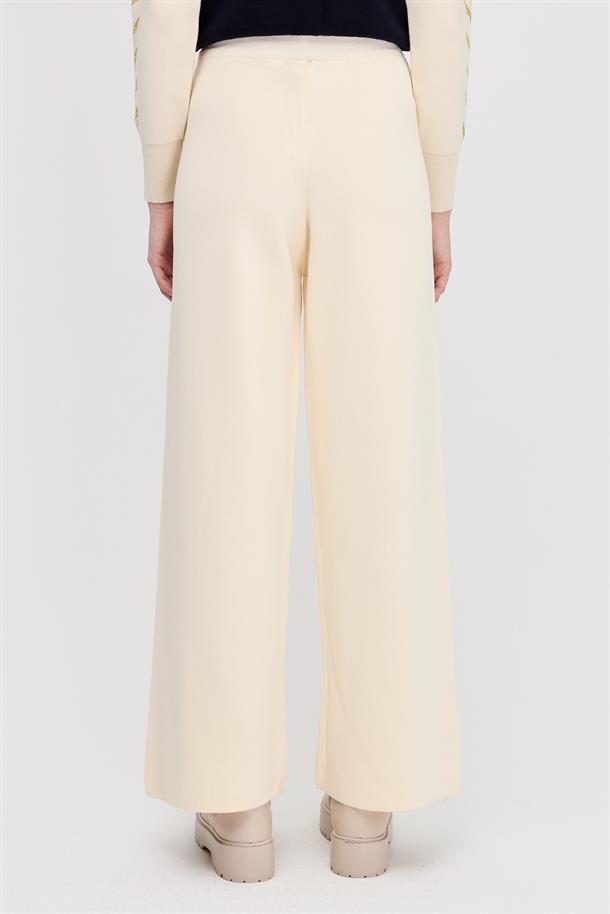 Beli Lastikli Triko Pantolon-KREM