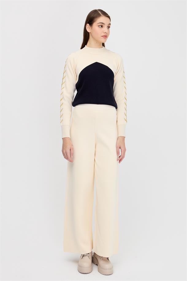 Beli Lastikli Triko Pantolon-KREM