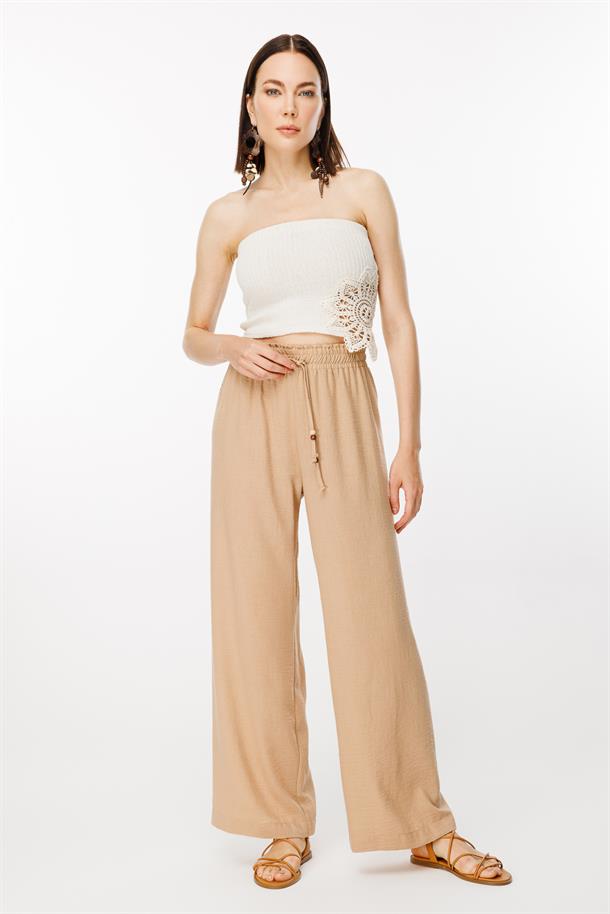 Beli Lastikli ve Geniş Paça Keten Pantolon-CAMEL