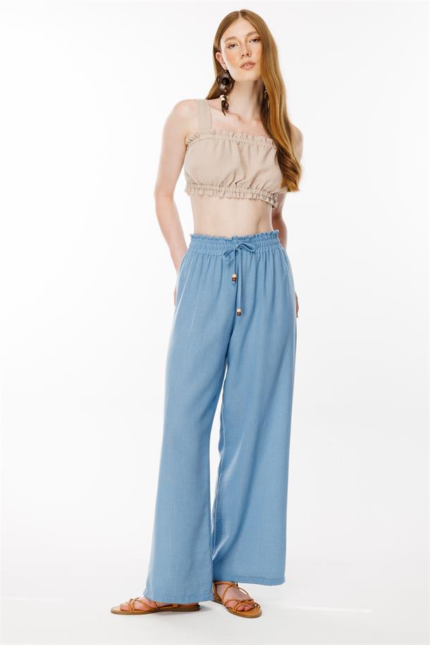 Beli Lastikli ve Geniş Paça Keten Pantolon-MAVİ