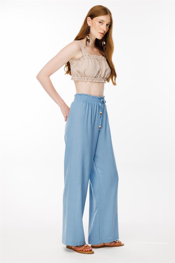 Beli Lastikli ve Geniş Paça Keten Pantolon-MAVİ