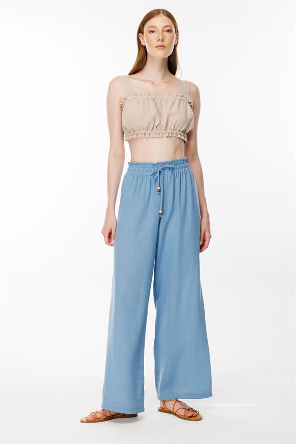 Beli Lastikli ve Geniş Paça Keten Pantolon-MAVİ