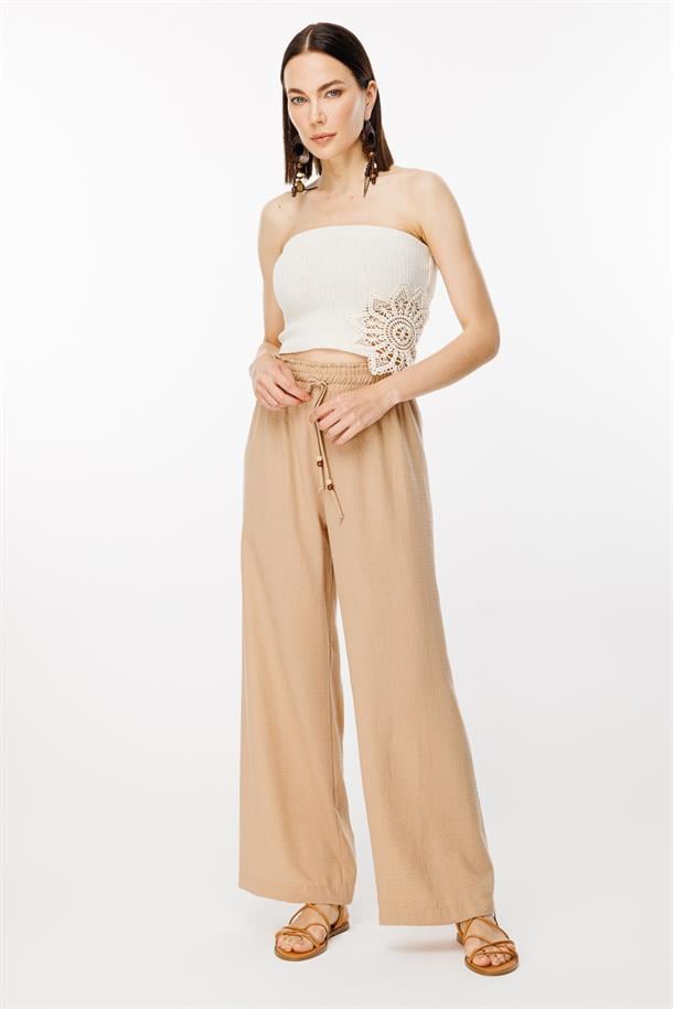 Beli Lastikli ve Geniş Paça Keten Pantolon-CAMEL