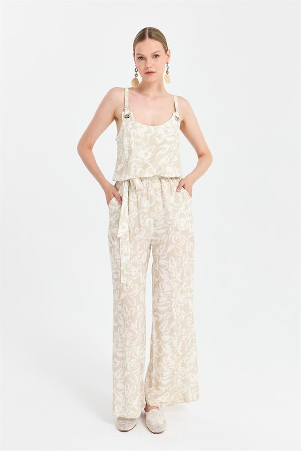 Beli Lastikli ve Kemerli Baskılı Tulum-VİZON