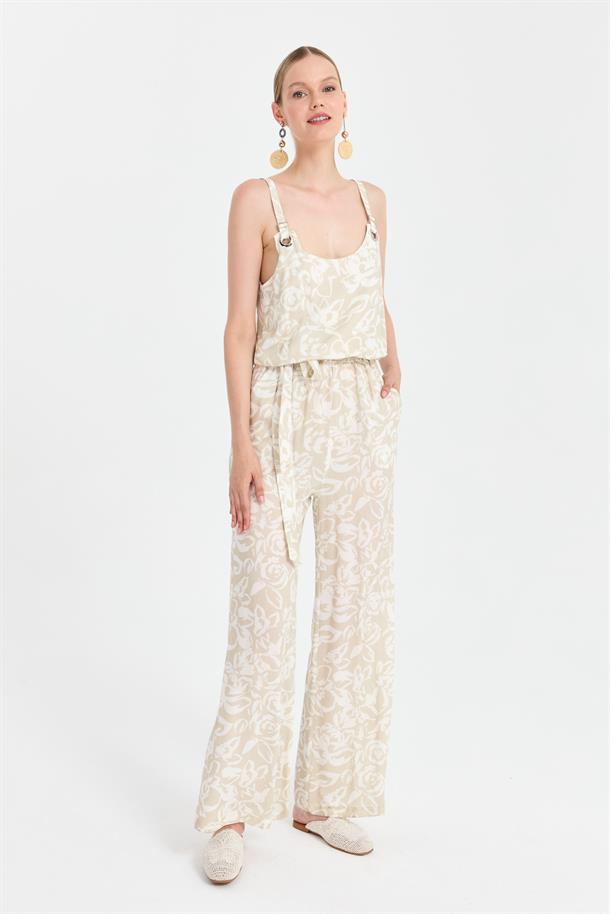 Beli Lastikli ve Kemerli Baskılı Tulum-VİZON