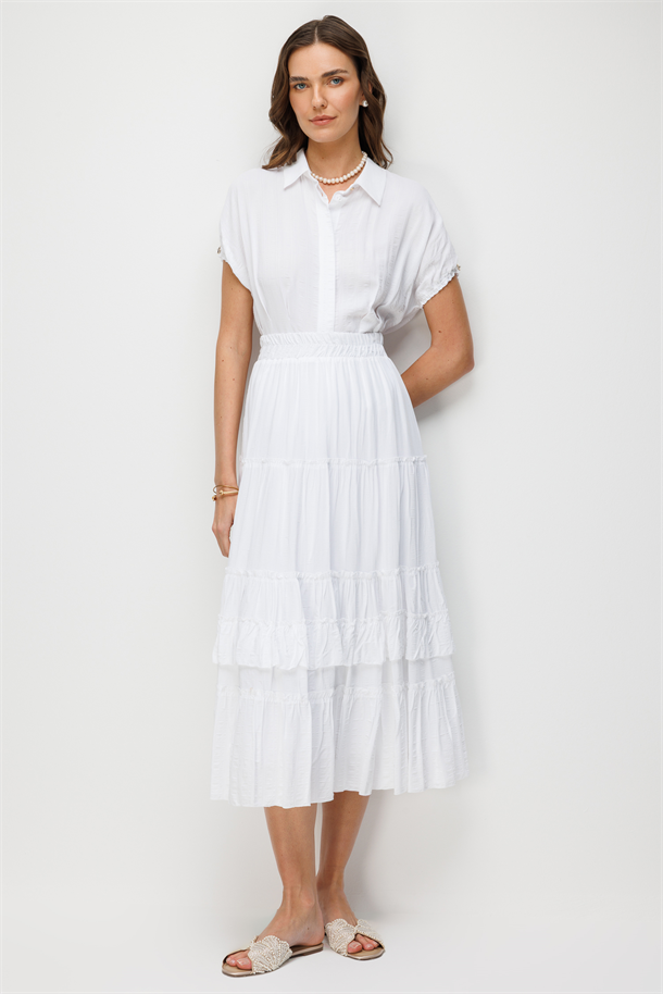 Beli Lastikli Volanlı Etek-BEYAZ