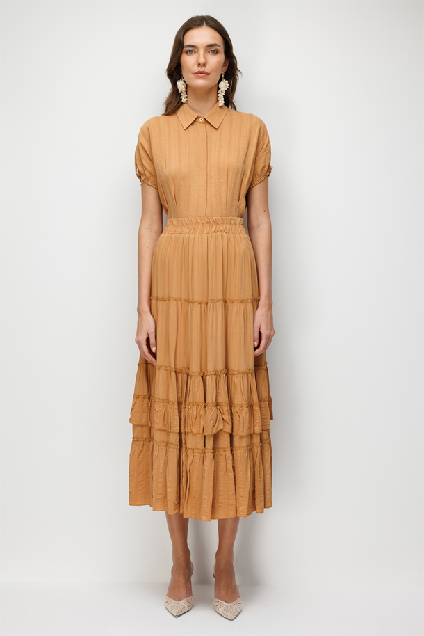 Beli Lastikli Volanlı Etek-KARAMEL