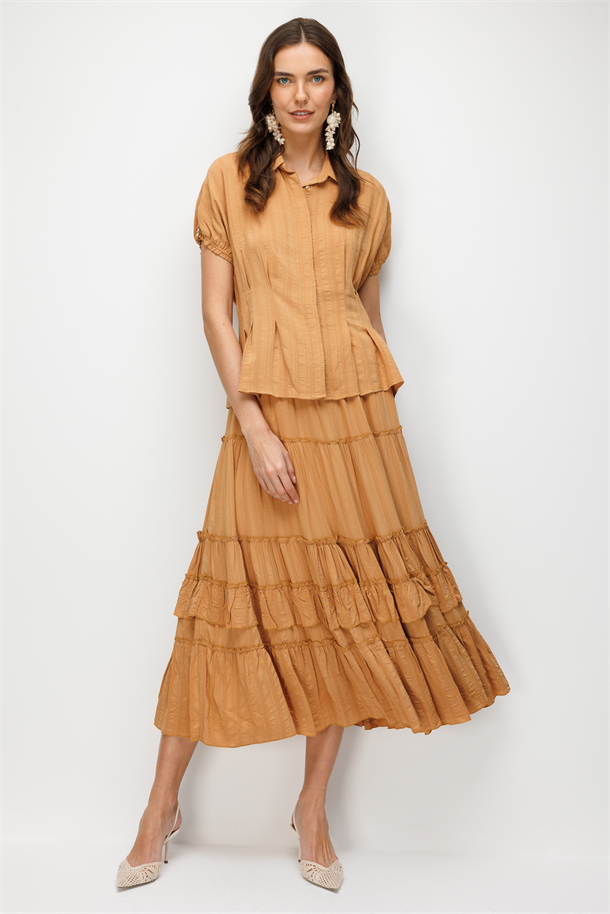 Beli Lastikli Volanlı Etek-KARAMEL