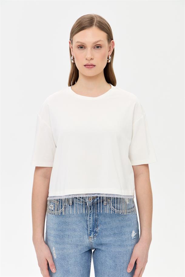 Beli Zincir Detaylı Kısa Kollu Tişört-KEMIK