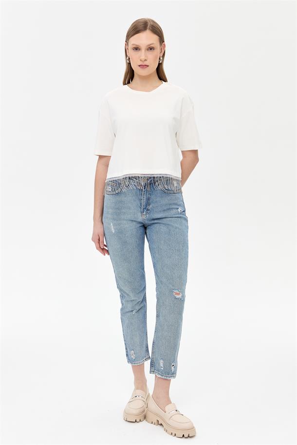 Beli Zincir Detaylı Kısa Kollu Tişört-KEMIK