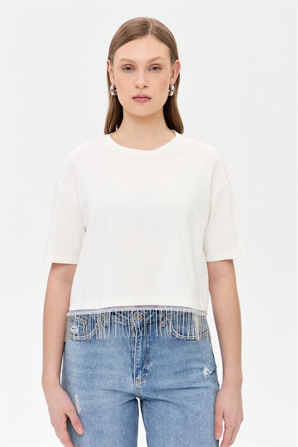 Beli Zincir Detaylı Kısa Kollu Tişört-KEMIK