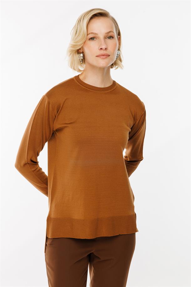 Bisiklet Yaka Basic Triko Kazak-S.KAHVE