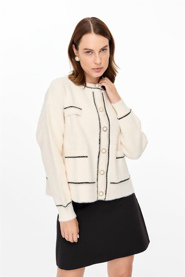 Biyeli İnci Düğmeli Triko Hırka-KEMIK