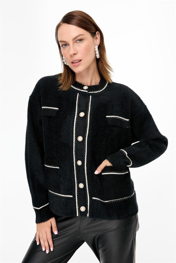 Biyeli İnci Düğmeli Triko Hırka-SİYAH