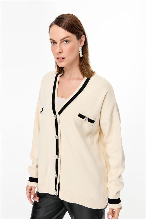Biyeli Taşlı Düğmeli Triko Hırka-EKRU