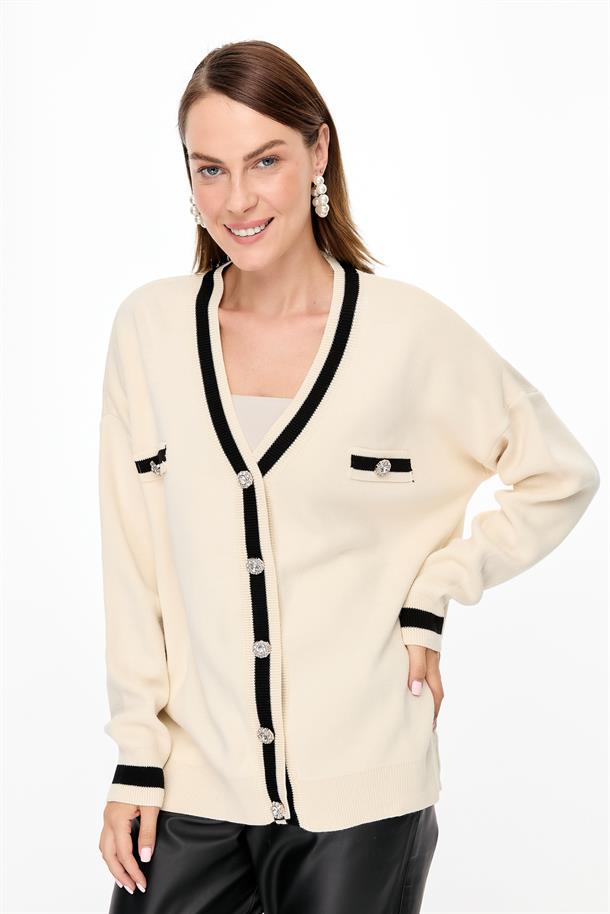 Biyeli Taşlı Düğmeli Triko Hırka-EKRU